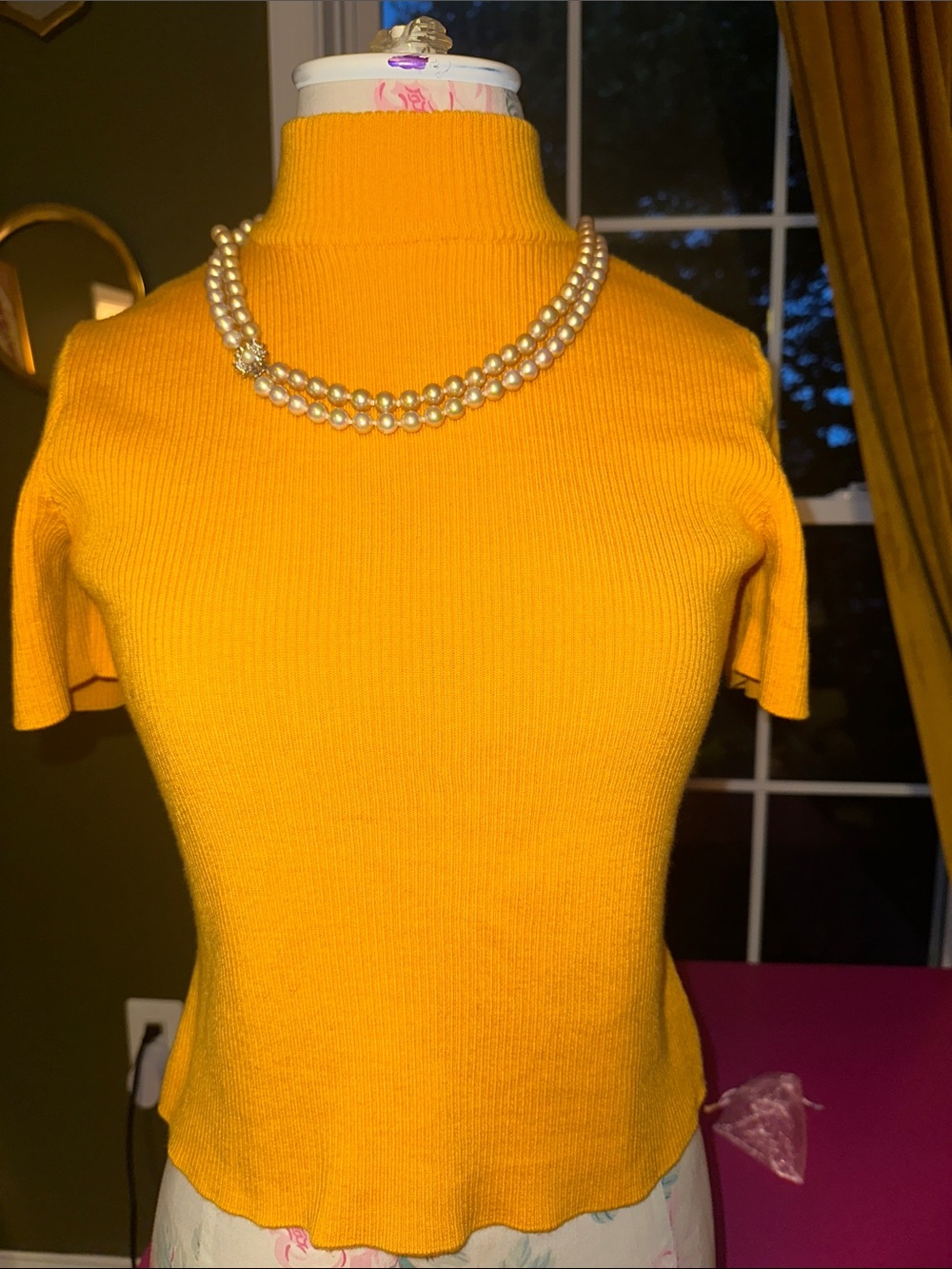 St. John Collection Golden Yellow Short-Sleeve Mock Neck Knit Top